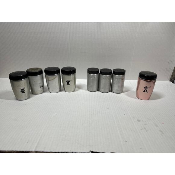 Set of 8 Vintage Metal Spice Jars West Bend Spun Aluminum Mixed Lot - Picture 1 of 4